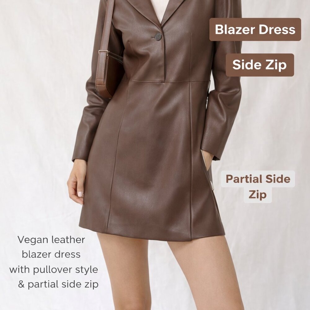 Abercrombie Vegan Leather Blazer Dress M Brown Pullover Side Zip Mini